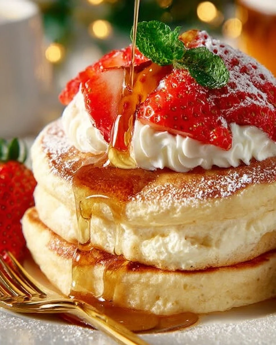 Fluffy Japanese soufflé pancakes stacked on a plate with syrup and fruit