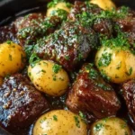 Garlic Butter Beef Bites served with golden potatoes on a plate