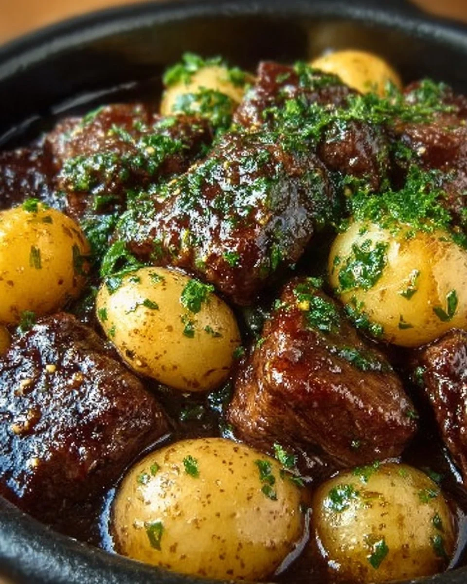 Garlic Butter Beef Bites served with golden potatoes on a plate