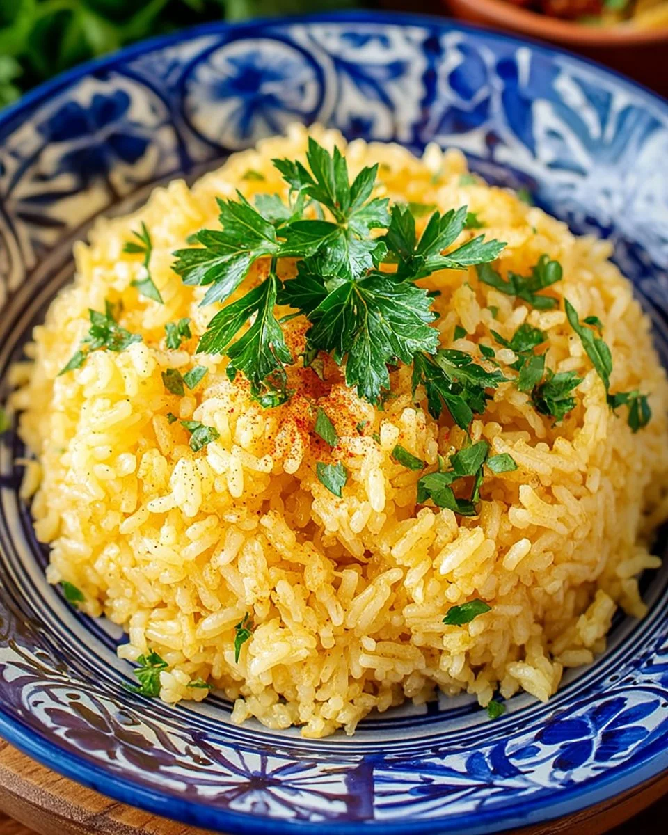 Delicious plate of Garlic Butter Rice garnished with herbs and spices