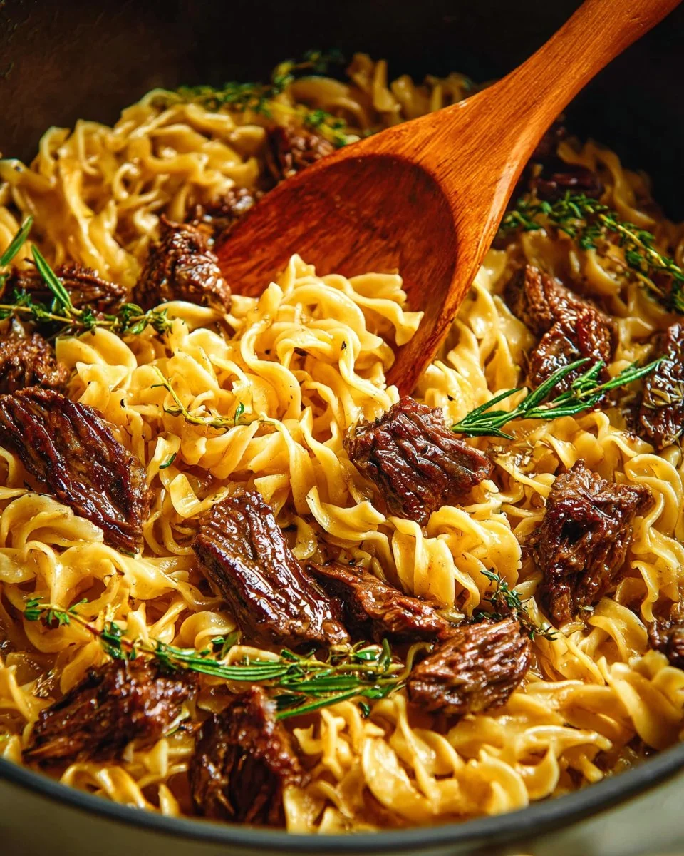 Bowl of Grandma's Beef and Noodles served with herbs and vegetables
