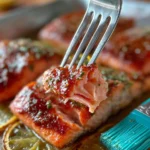 Delicious grilled teriyaki salmon served with vegetables