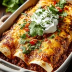 Plate of ground beef enchiladas topped with cheese and cilantro