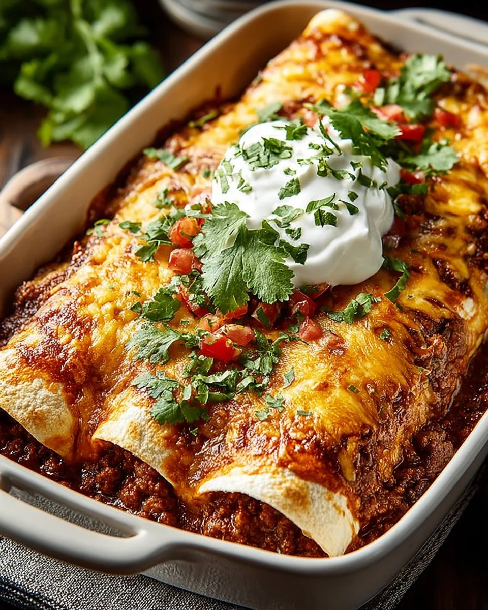 Plate of ground beef enchiladas topped with cheese and cilantro