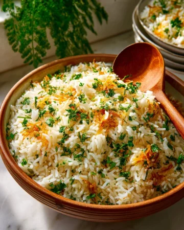 A bowl of Herbed Rice Pilaf garnished with fresh herbs and spices.
