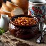 Homemade maple baked beans served in a rustic bowl with herbs