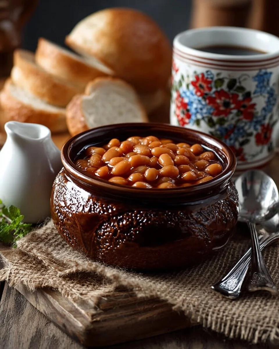 Homemade maple baked beans served in a rustic bowl with herbs