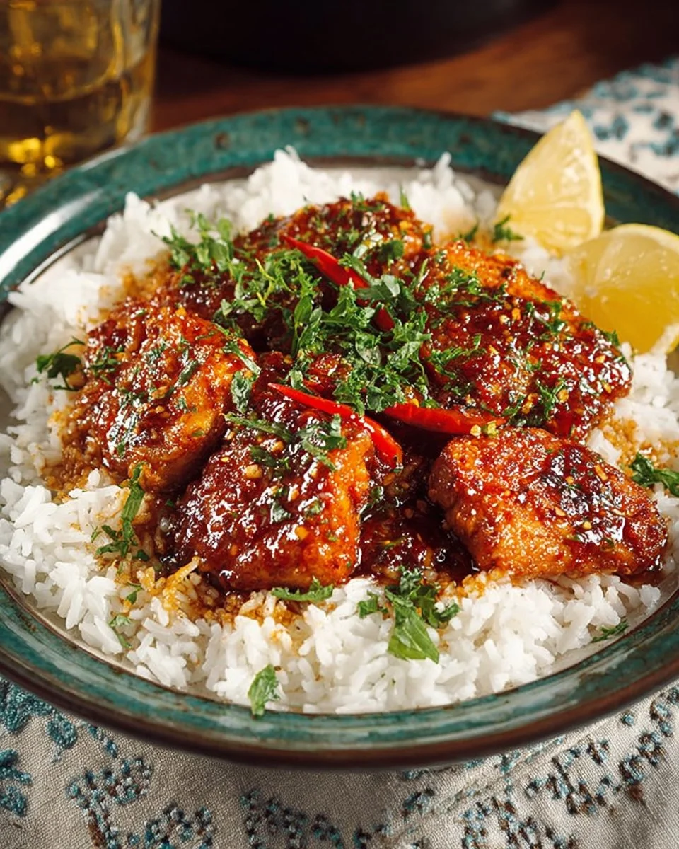 Plate of Honey Garlic Chicken garnished with herbs and served with rice