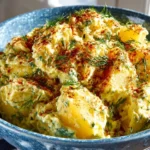 Delicious homemade potato salad with fresh herbs and dressing