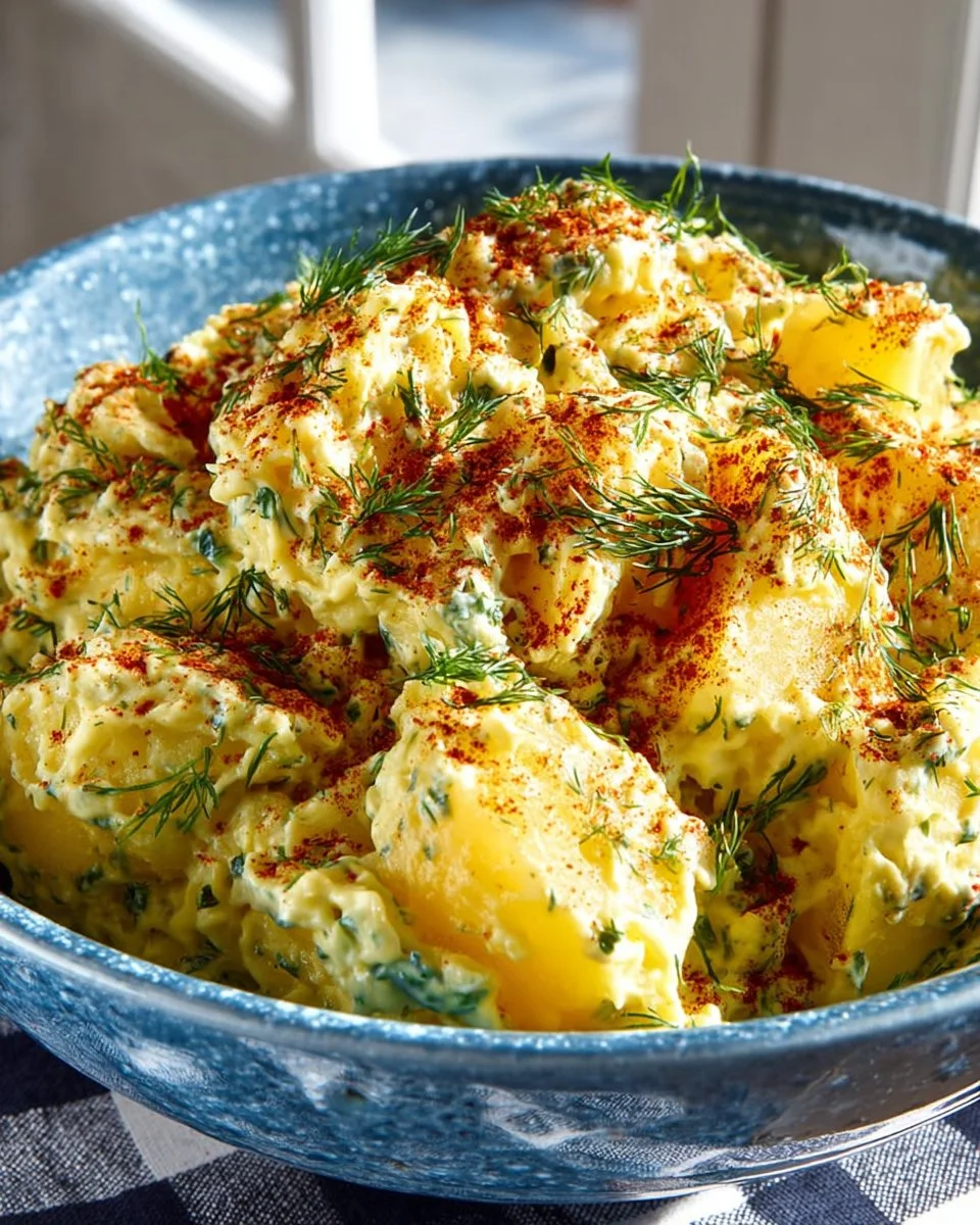 Delicious homemade potato salad with fresh herbs and dressing