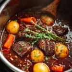 Instant Pot Beef Burgundy prepared in a bowl garnished with fresh herbs.