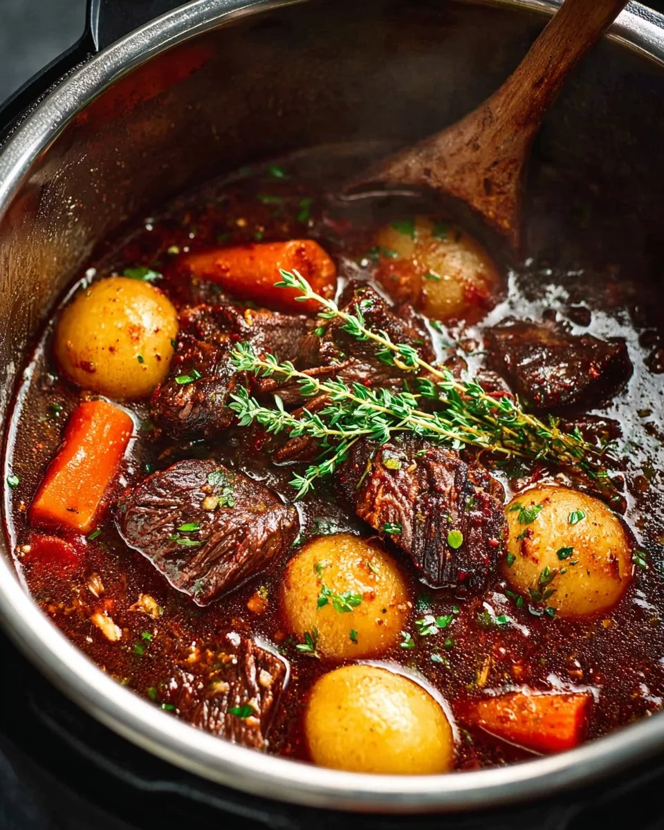 Instant Pot Beef Burgundy prepared in a bowl garnished with fresh herbs.