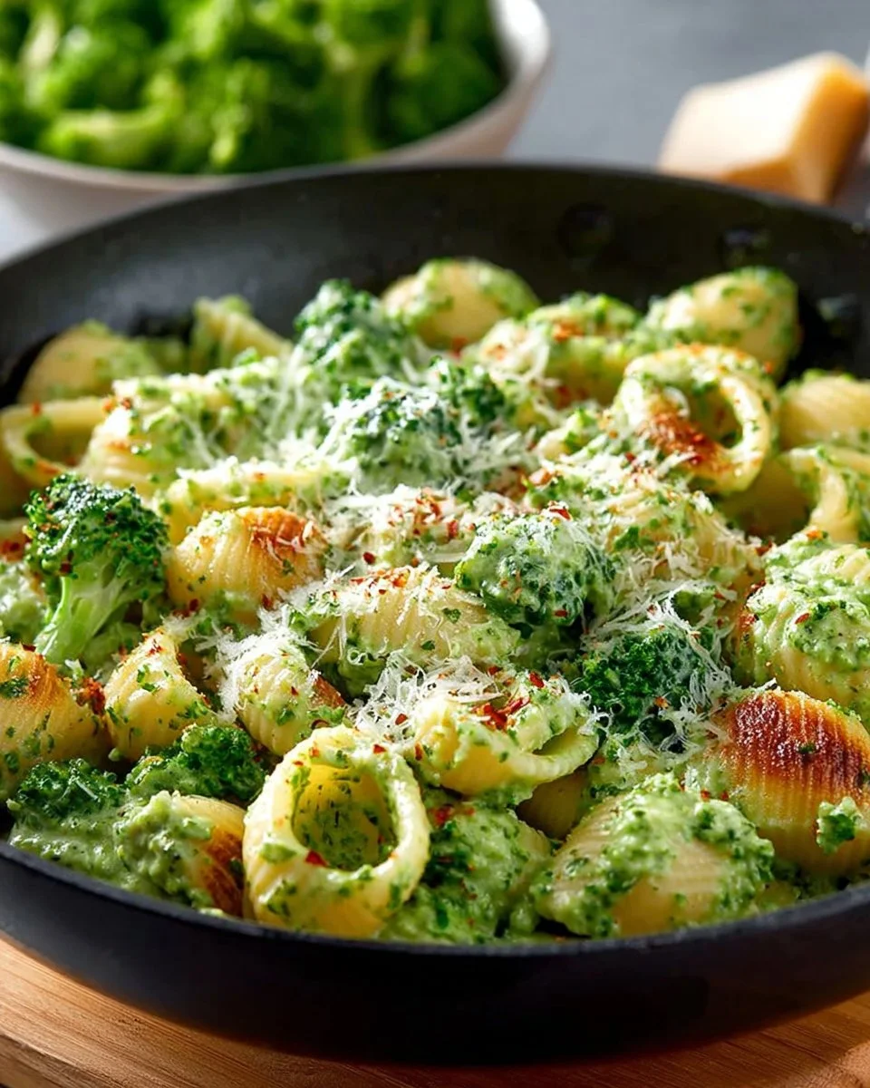 A bowl of light and healthy broccoli pasta topped with parmesan and herbs
