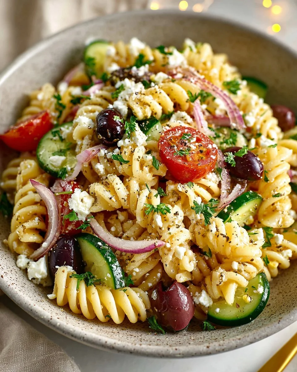 Colorful Mediterranean Pasta Salad with fresh vegetables and herbs