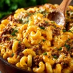 One Pot Cheeseburger Casserole prepared and served in a skillet