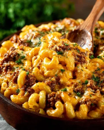 One Pot Cheeseburger Casserole prepared and served in a skillet