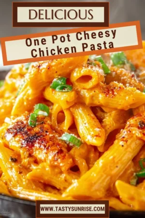 One Pot Cheesy Chicken Pasta with creamy sauce and chicken in a skillet