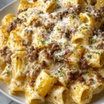 Delicious One-Pot Creamy Beef Pasta ready to serve