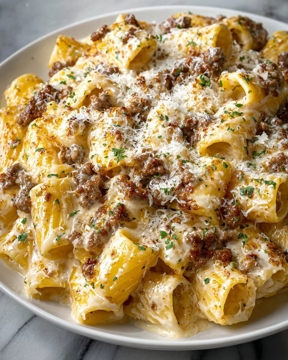 Delicious One-Pot Creamy Beef Pasta ready to serve
