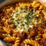 One pot creamy tomato beef pasta dish with fresh herbs and a creamy sauce