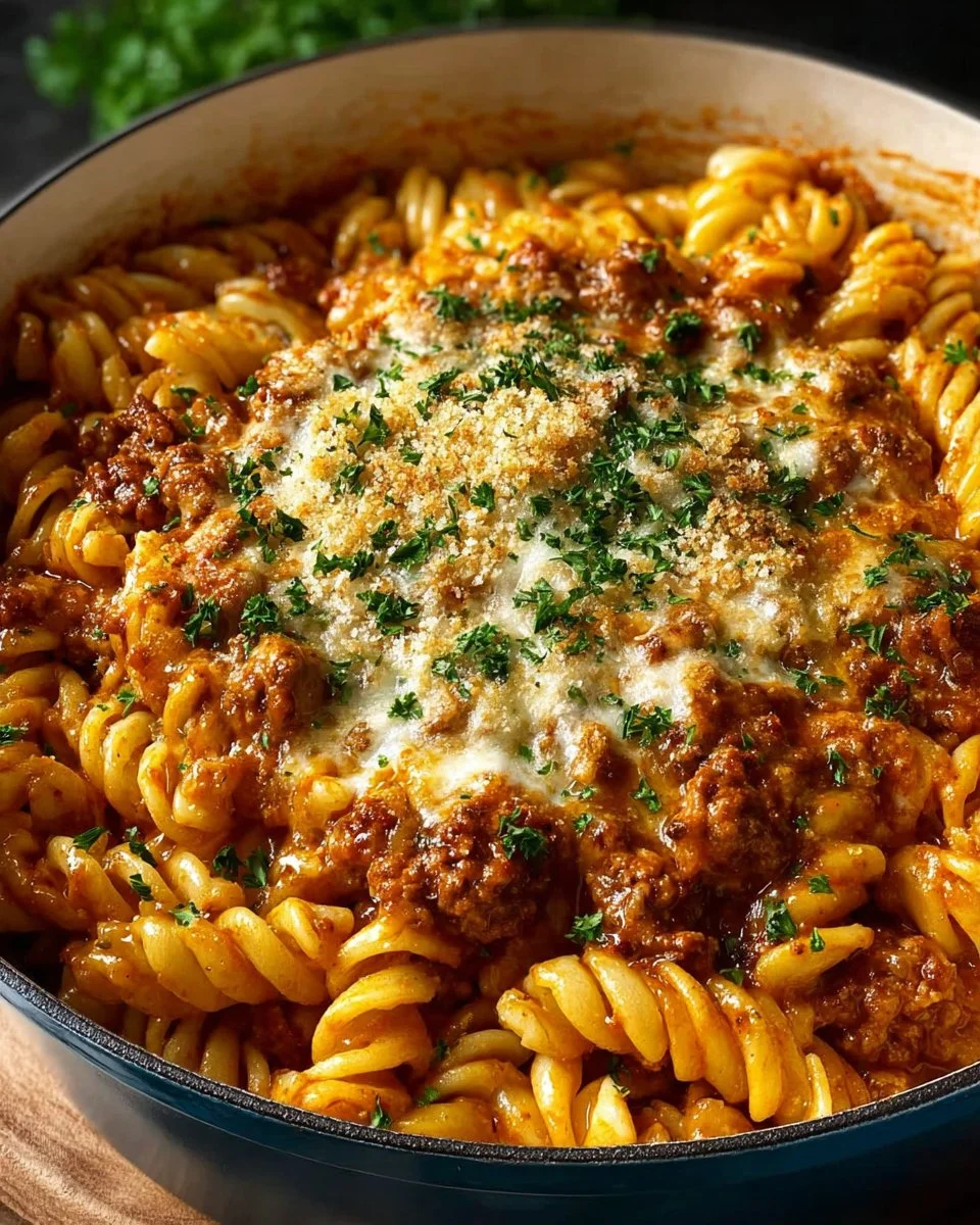 One pot creamy tomato beef pasta dish with fresh herbs and a creamy sauce