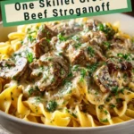 One Skillet Ground Beef Stroganoff served on a plate with mushrooms and noodles