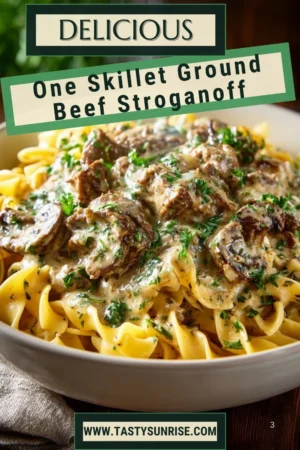 One Skillet Ground Beef Stroganoff served on a plate with mushrooms and noodles
