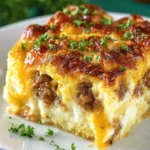 Overnight sausage and egg breakfast casserole in a baking dish