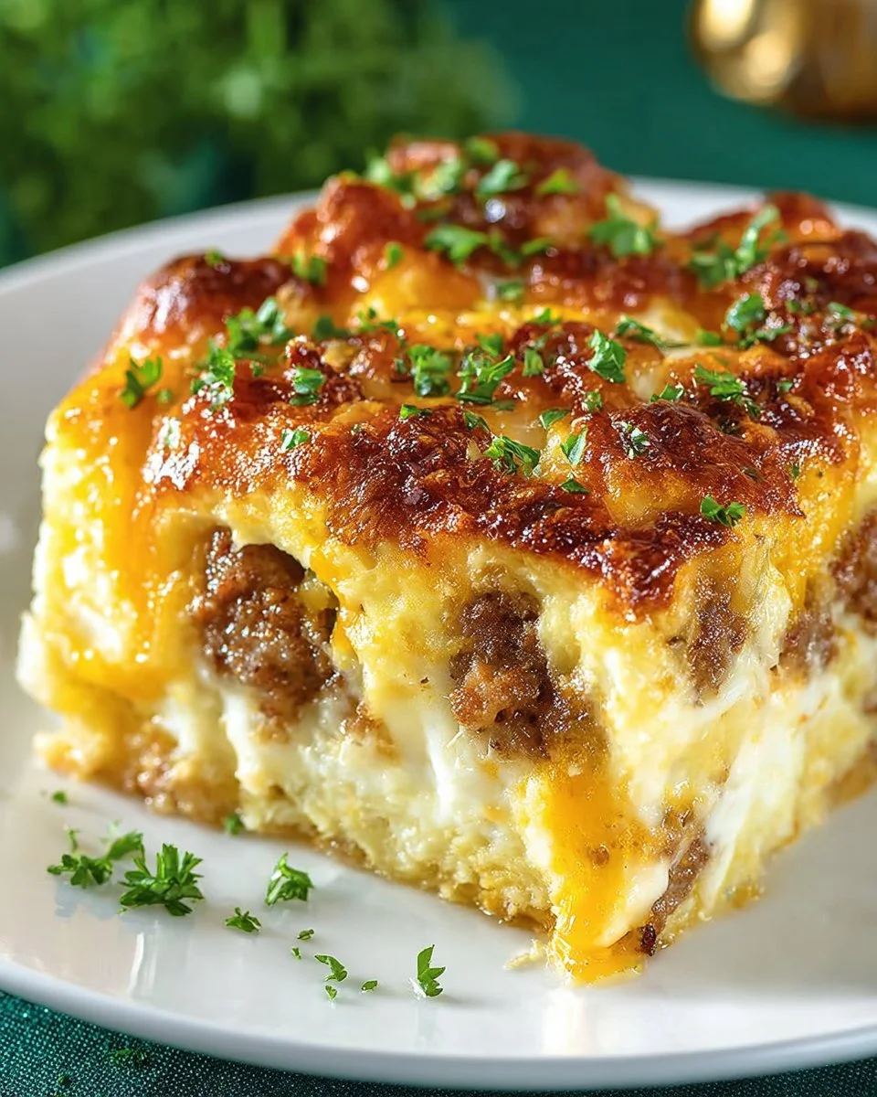 Overnight sausage and egg breakfast casserole in a baking dish