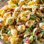 Bowl of pasta salad with bacon and ranch dressing, garnished with herbs.