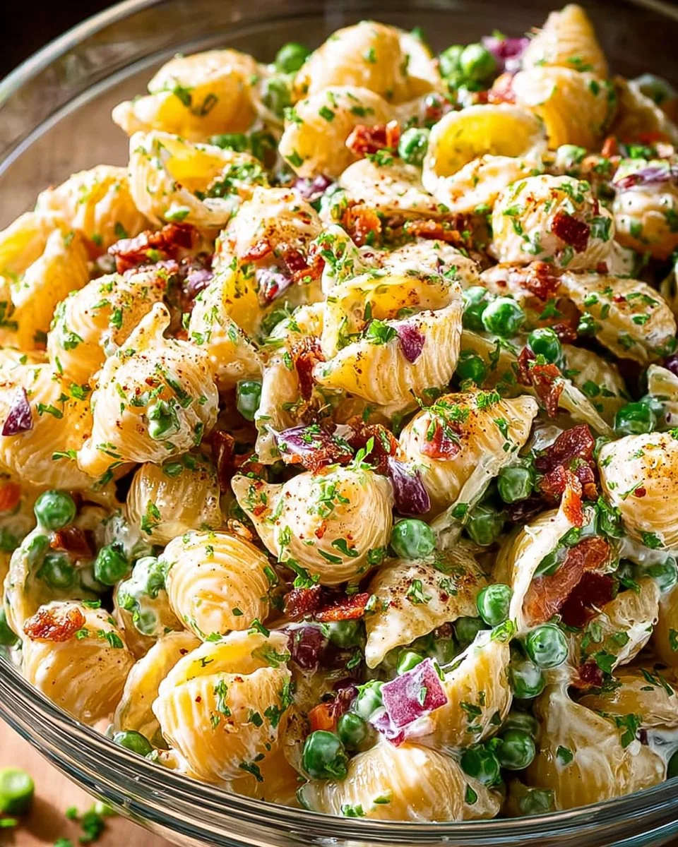 Bowl of pasta salad with bacon and ranch dressing, garnished with herbs.