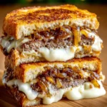 Delicious patty melt sandwich with caramelized onions and bacon