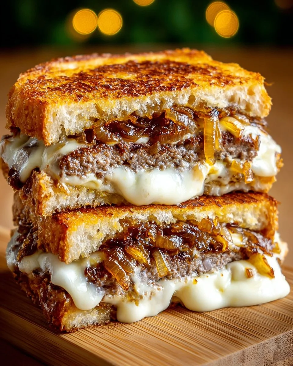 Delicious patty melt sandwich with caramelized onions and bacon