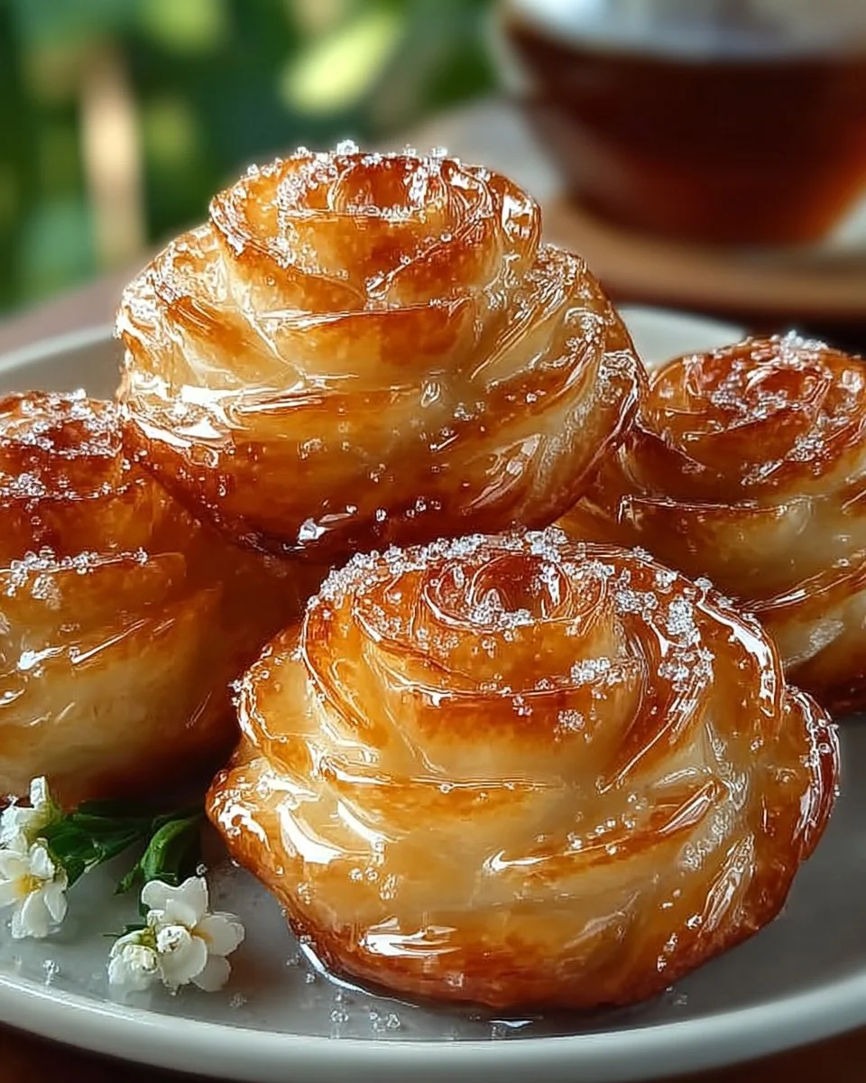 Peach pie cruffins baked to golden perfection with fresh peaches.