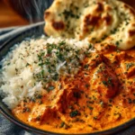 Delicious homemade butter chicken served with rice and garnished with cilantro.