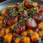 Sausage and Sweet Potatoes with Honey Garlic Sauce on a plate