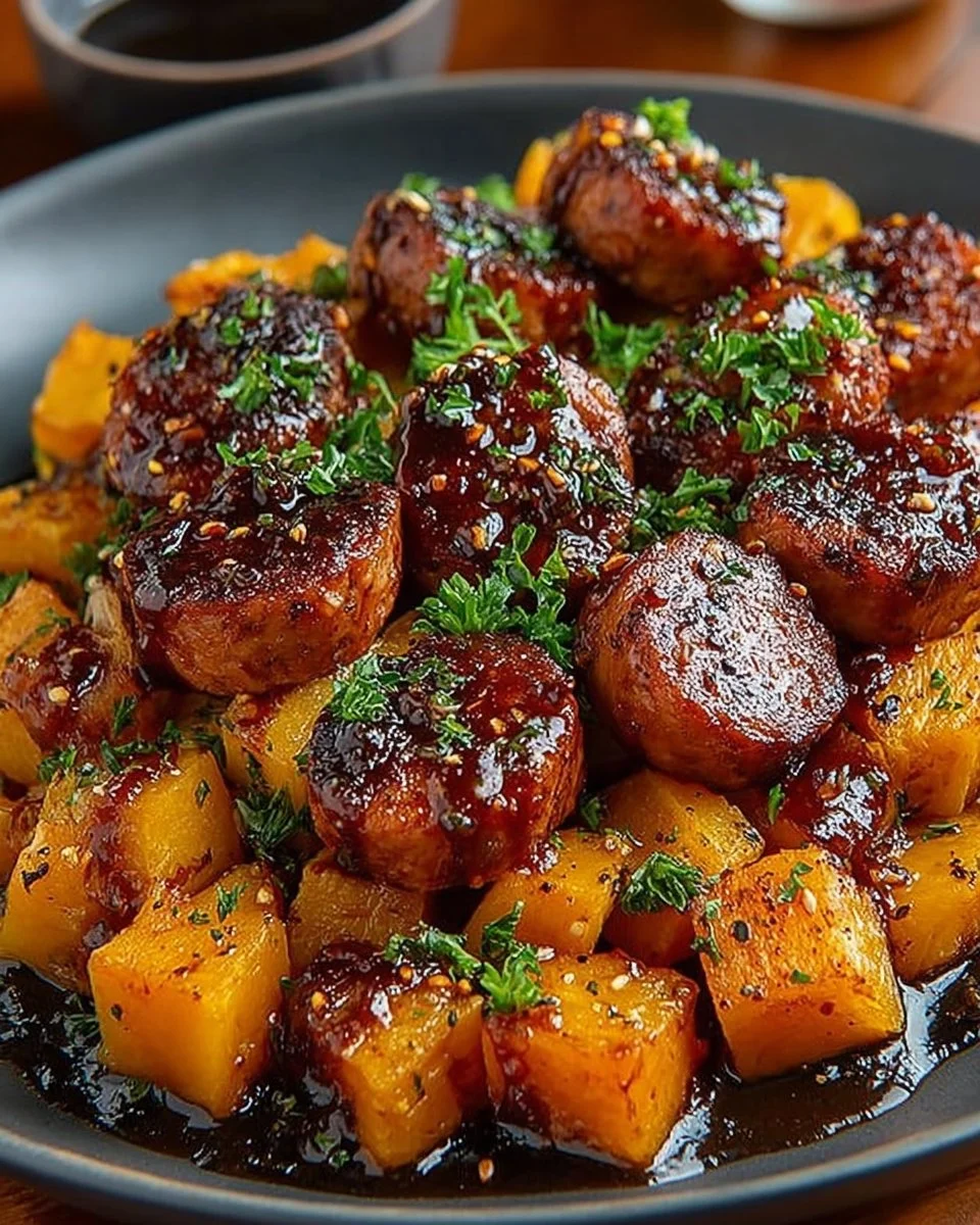 Sausage and Sweet Potatoes with Honey Garlic Sauce on a plate