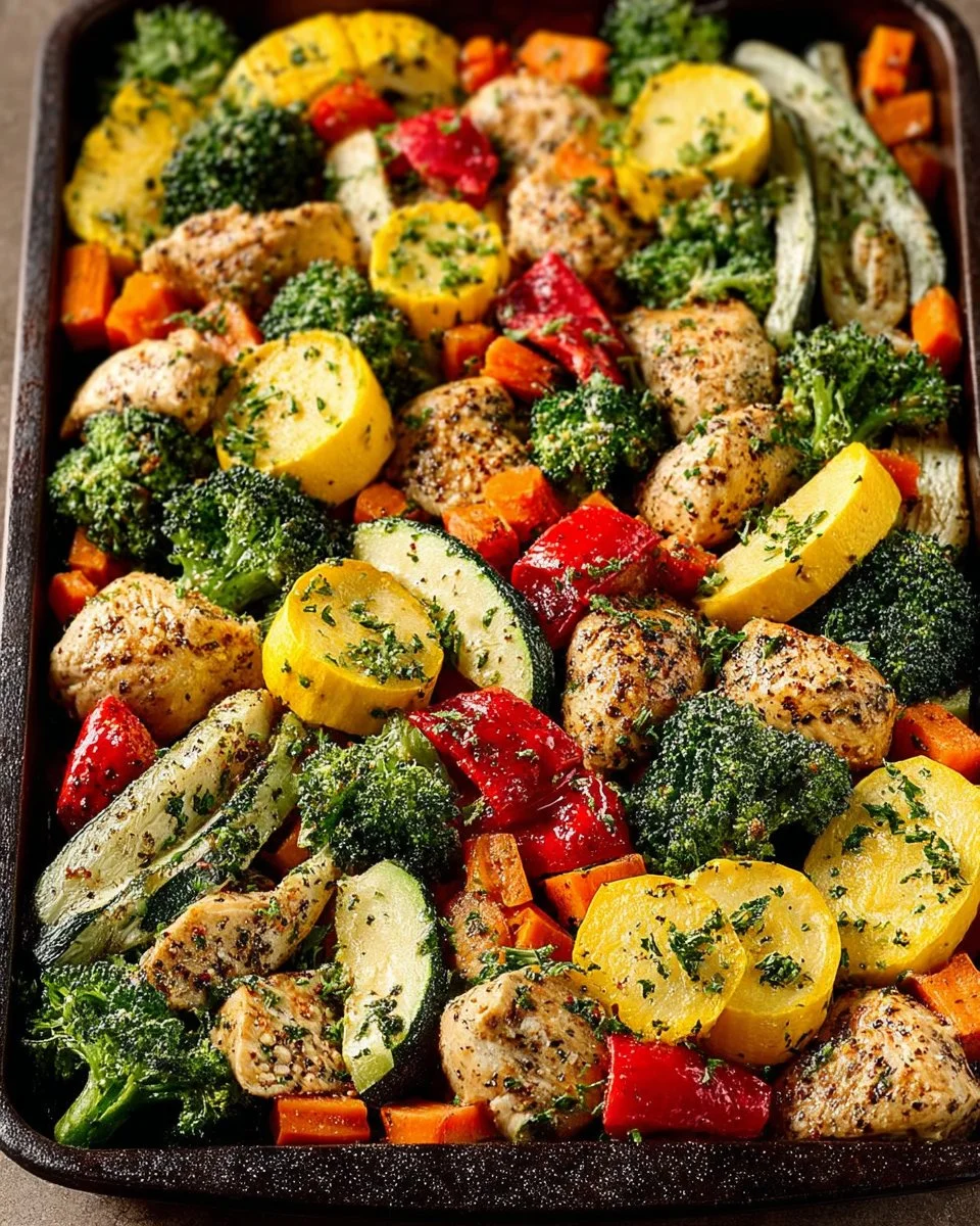 Sheet Pan Chicken with colorful rainbow vegetables ready to serve.
