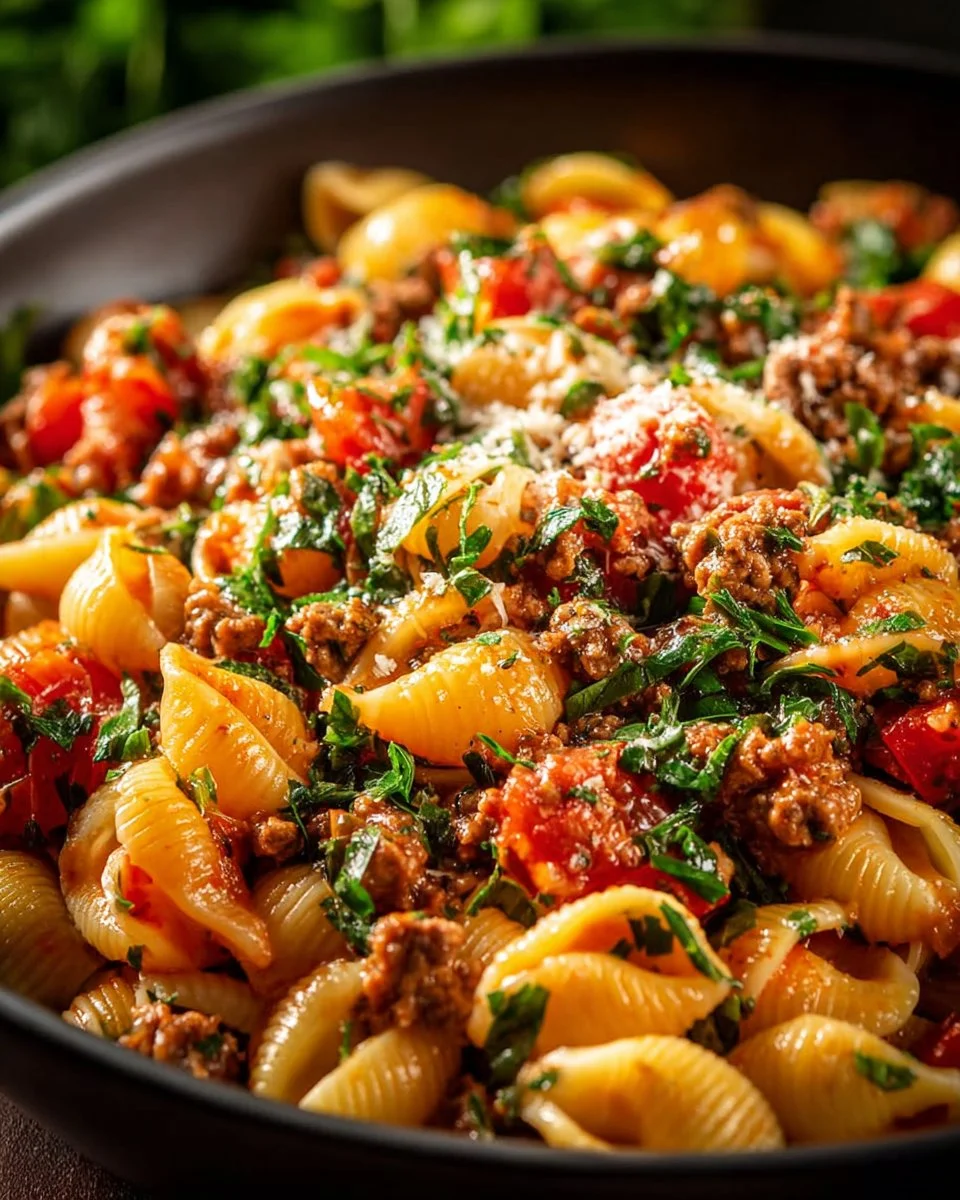 Simple beef pasta skillet served on a plate with fresh herbs and cheese.