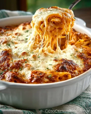 Deliciously cheesy baked pasta dish with golden topping and herbs, perfect for dinner.