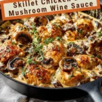 Skillet chicken with mushrooms in a rich wine sauce served in a frying pan
