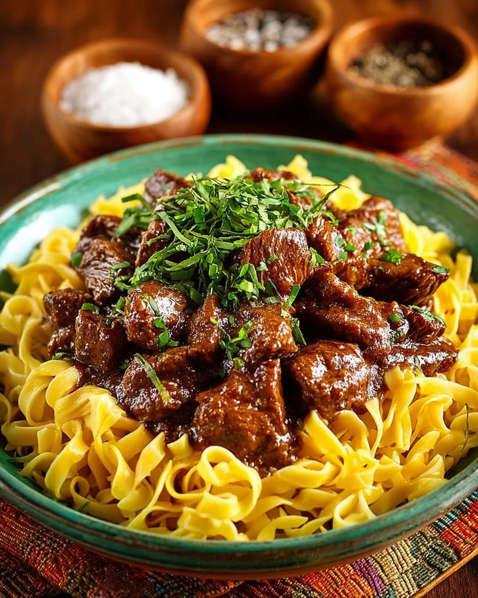 A delicious bowl of slow cooker beef and noodles topped with fresh herbs