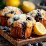 Freshly baked soft lemon blueberry muffins on a plate
