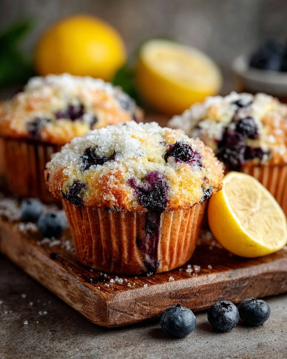 Freshly baked soft lemon blueberry muffins on a plate