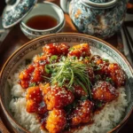 Delicious Sweet Chili Chicken served with vegetables and rice
