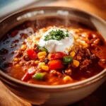 Bowl of sweet spicy chili garnished with herbs and spices