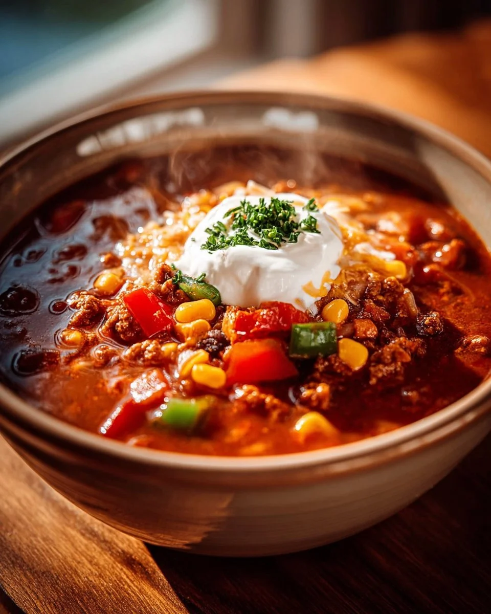Bowl of sweet spicy chili garnished with herbs and spices