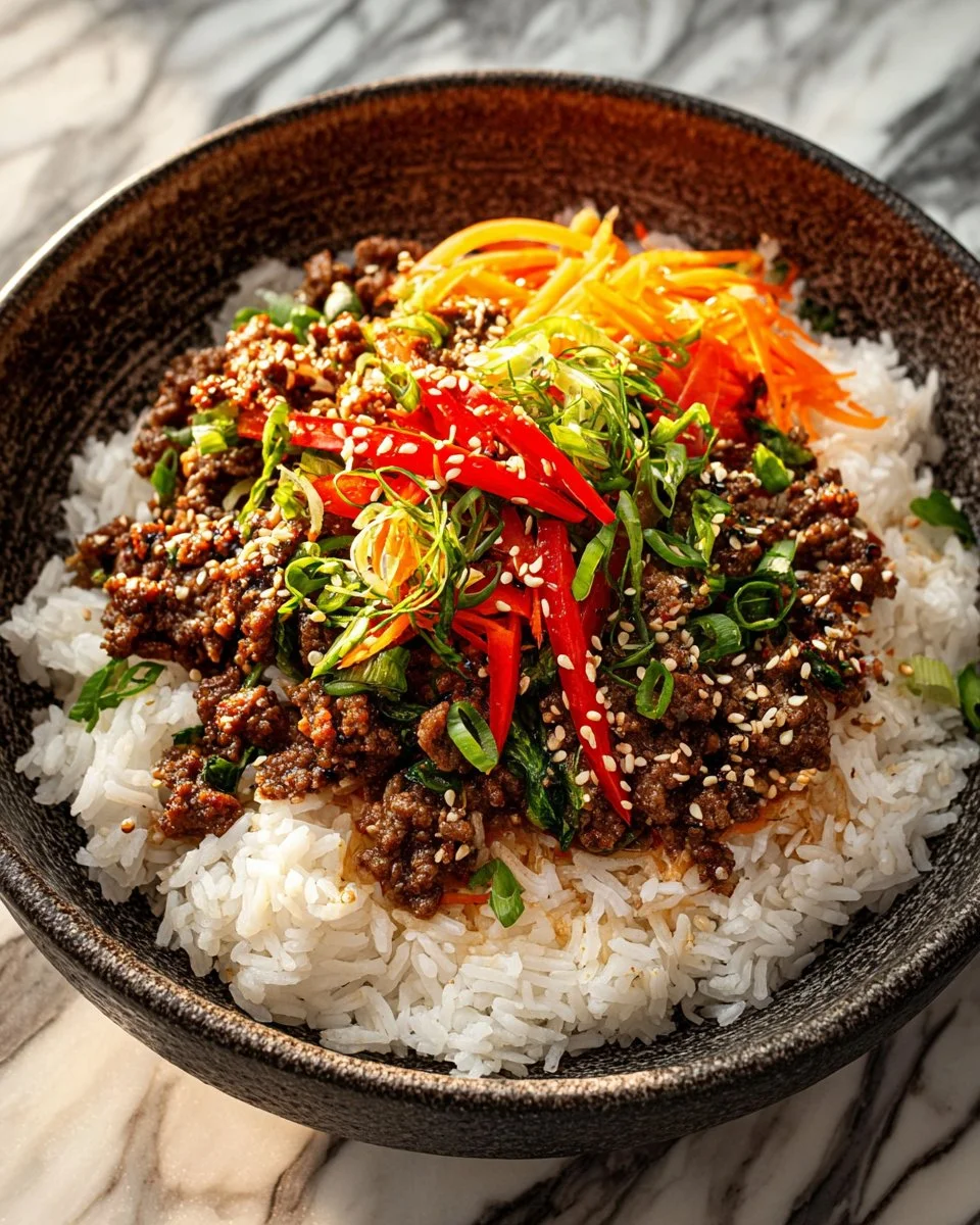 Delicious teriyaki ground beef served with steamed rice and vegetables