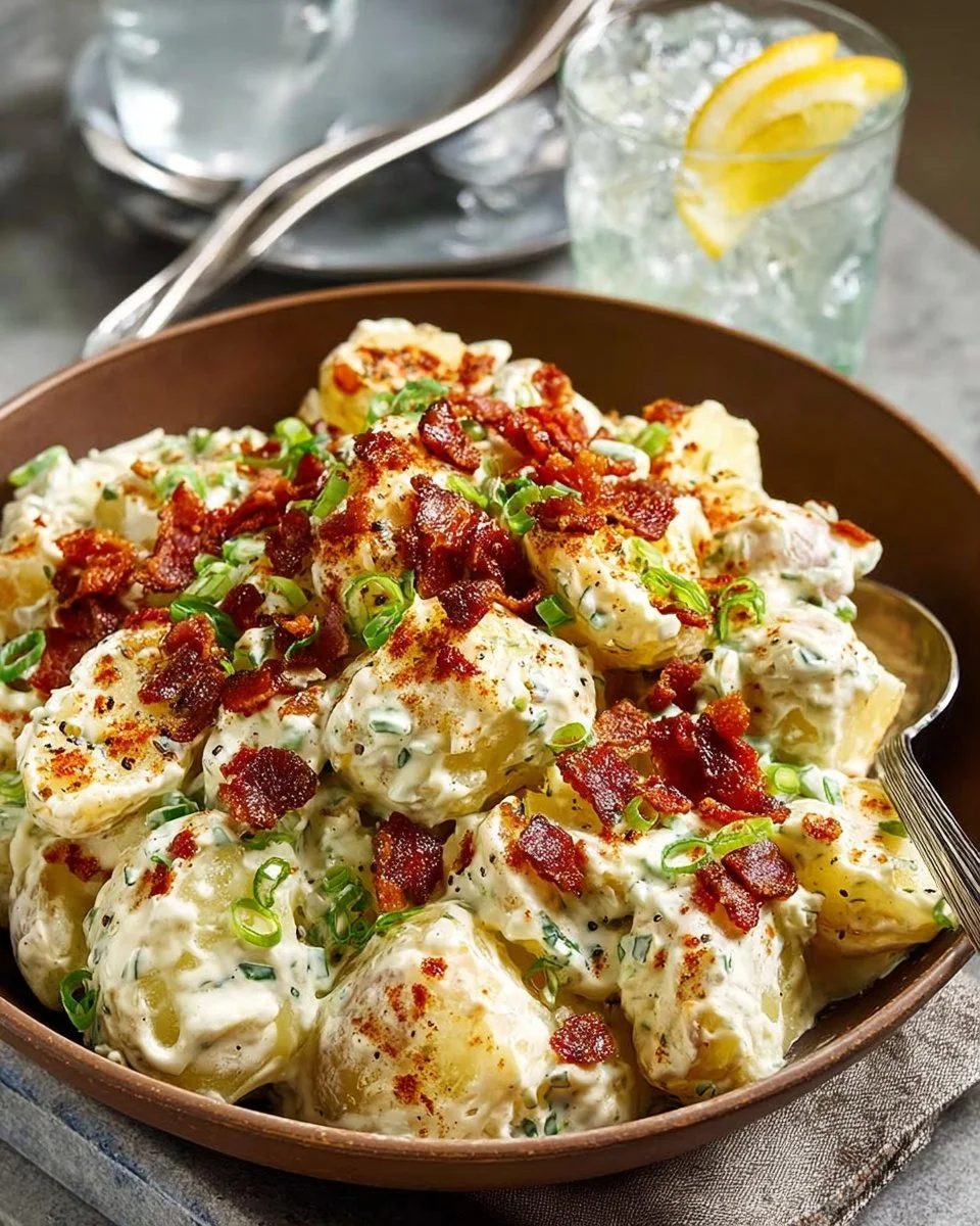 Delicious homemade potato salad served in a bowl with a sprinkle of herbs.
