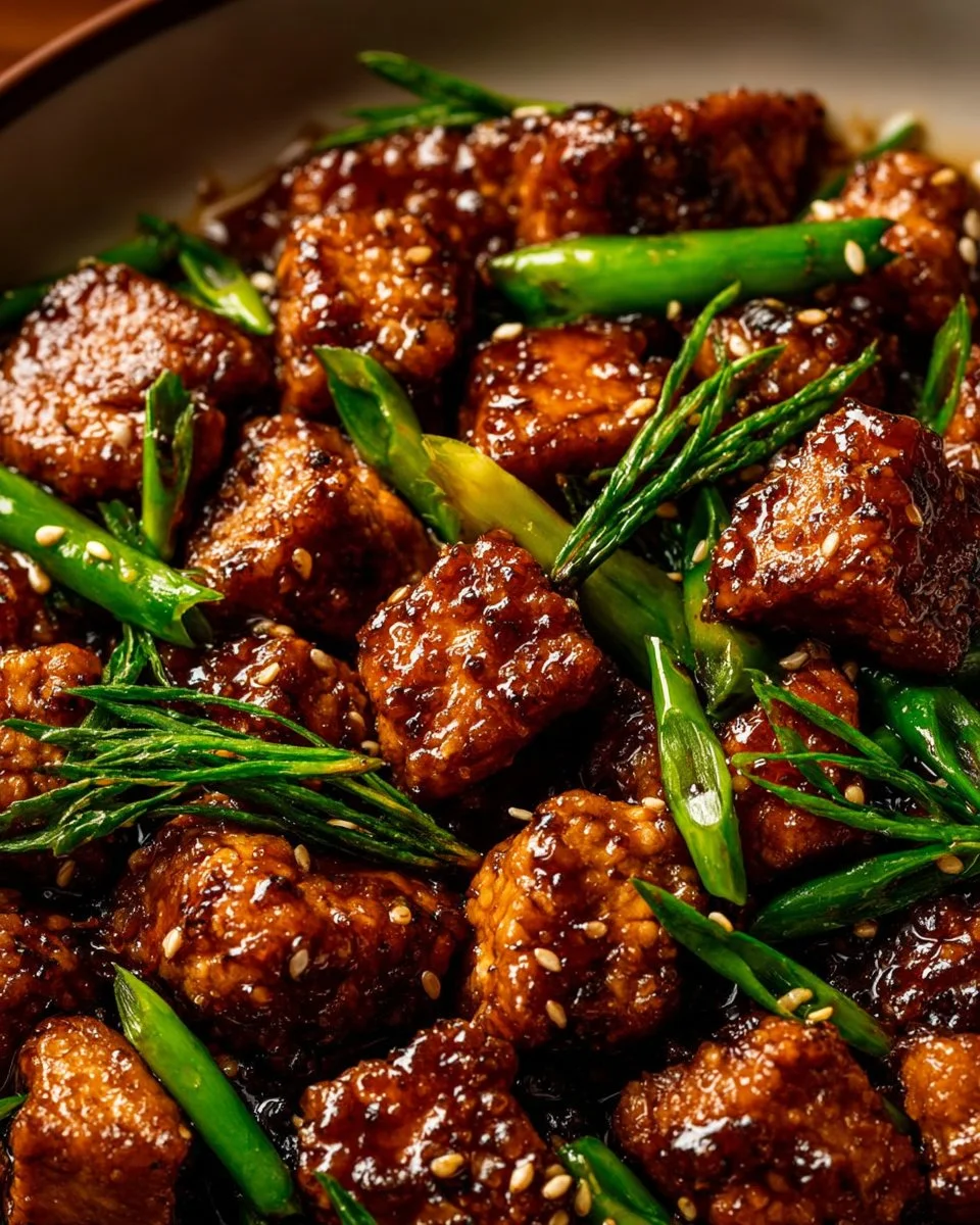 Plate of 30-minute teriyaki tofu garnished with sesame seeds and scallions